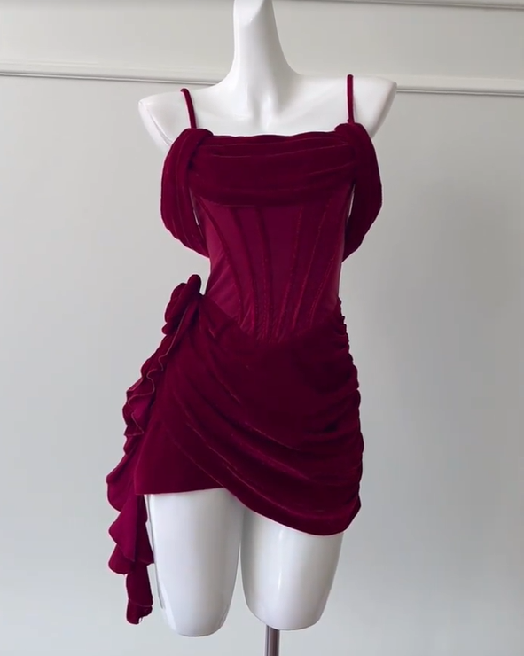 preppydressess -Burgundy velvet sling fishbone slim waist short homecoming dress birthday party dress Prom dress gh5105