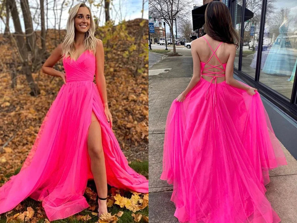 Hot Pink Tulle Side Slit Long Evening Prom Dress