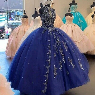 Shinning Dark Blue Quinceanera Dresses Beads Halter Neck Sweetheart Sweet 16 gh947