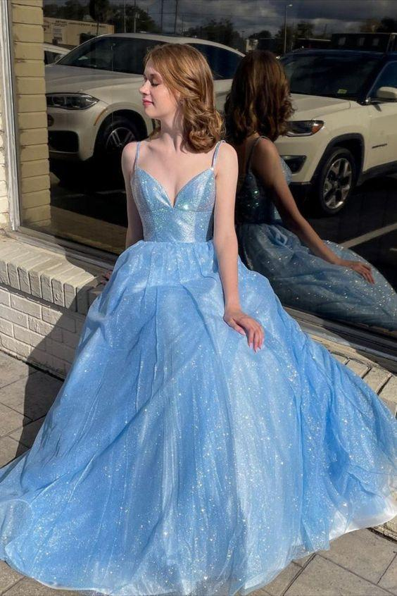 Sky Blue A-line Princess Spaghetti Straps Long Formal Evening Dresses Prom Dresses gh1181