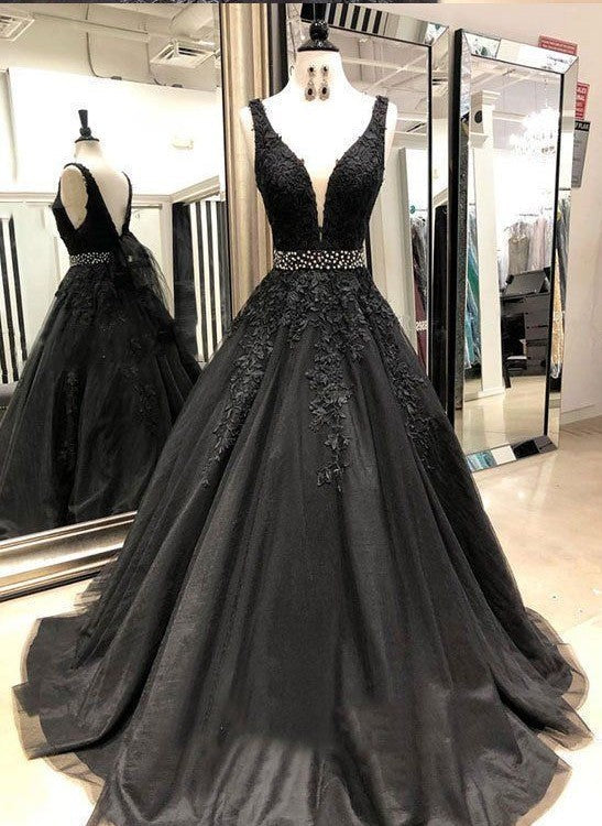 Sexy Black V Neck Tulle Lace Beaded Long Prom Dress, Black Evening Dress Formal Wear gh928