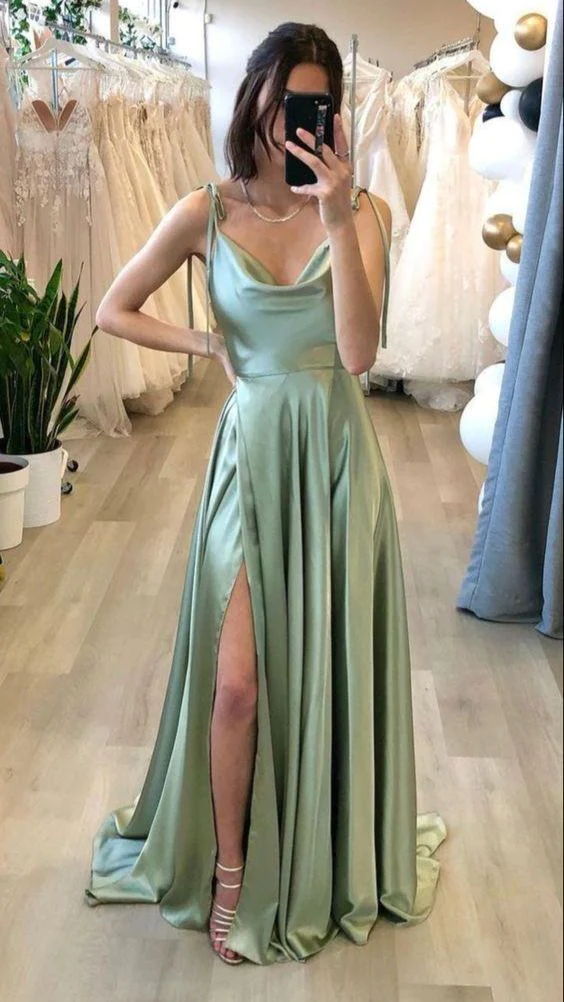 Slit Sage Green Bridesmaid Dress gh1064
