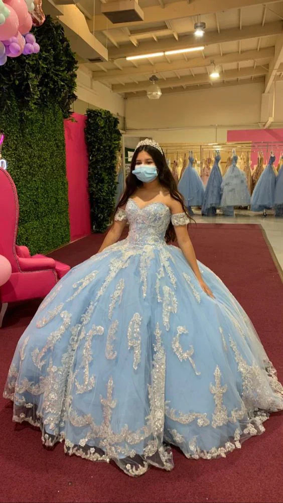 Light Blue Ball Gown With Appliques Sweet 16 Dress gh978