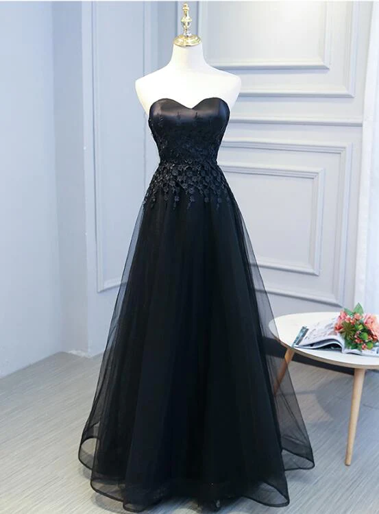 Black Sweetheart Lace And Tulle Long Party Dress, Elegant Bridesmaid Dress gh465