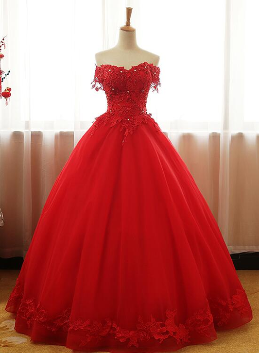 Red Off Shoulder Long Party Dress, A-Line Tulle Evening Dress Formal Gown gh102