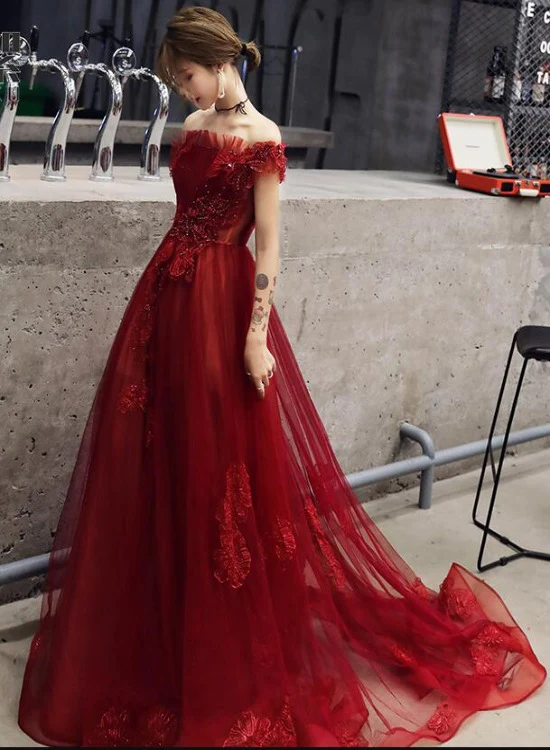 Wine Red Tulle With Beadings And Lace Off Shoulder Evening Gown, Wine Red Prom Dress gh202