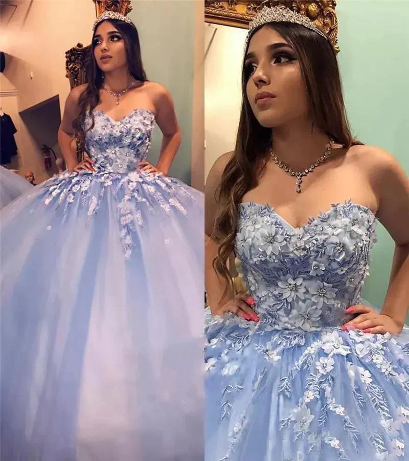 Prom Dresses New Blue Quinceanera Dresses Ball Gown Sweetheart Lace Appliques Crystal Beaded 3D Floral Flowers Sweet 16 Party Prom Dress Evening Gowns gh953