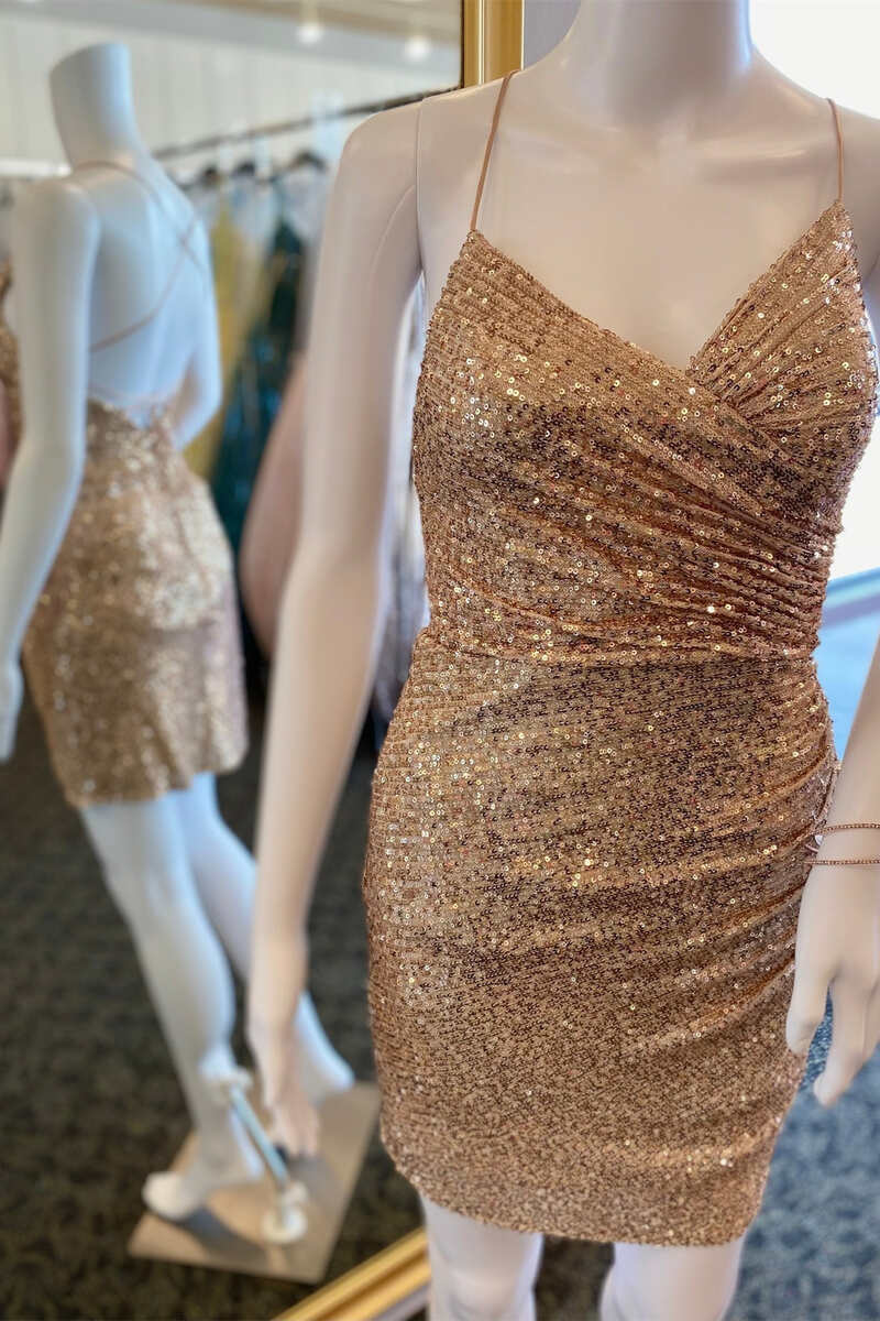 Gold Sequin Lace-Up Short Cocktail Gown gh1228