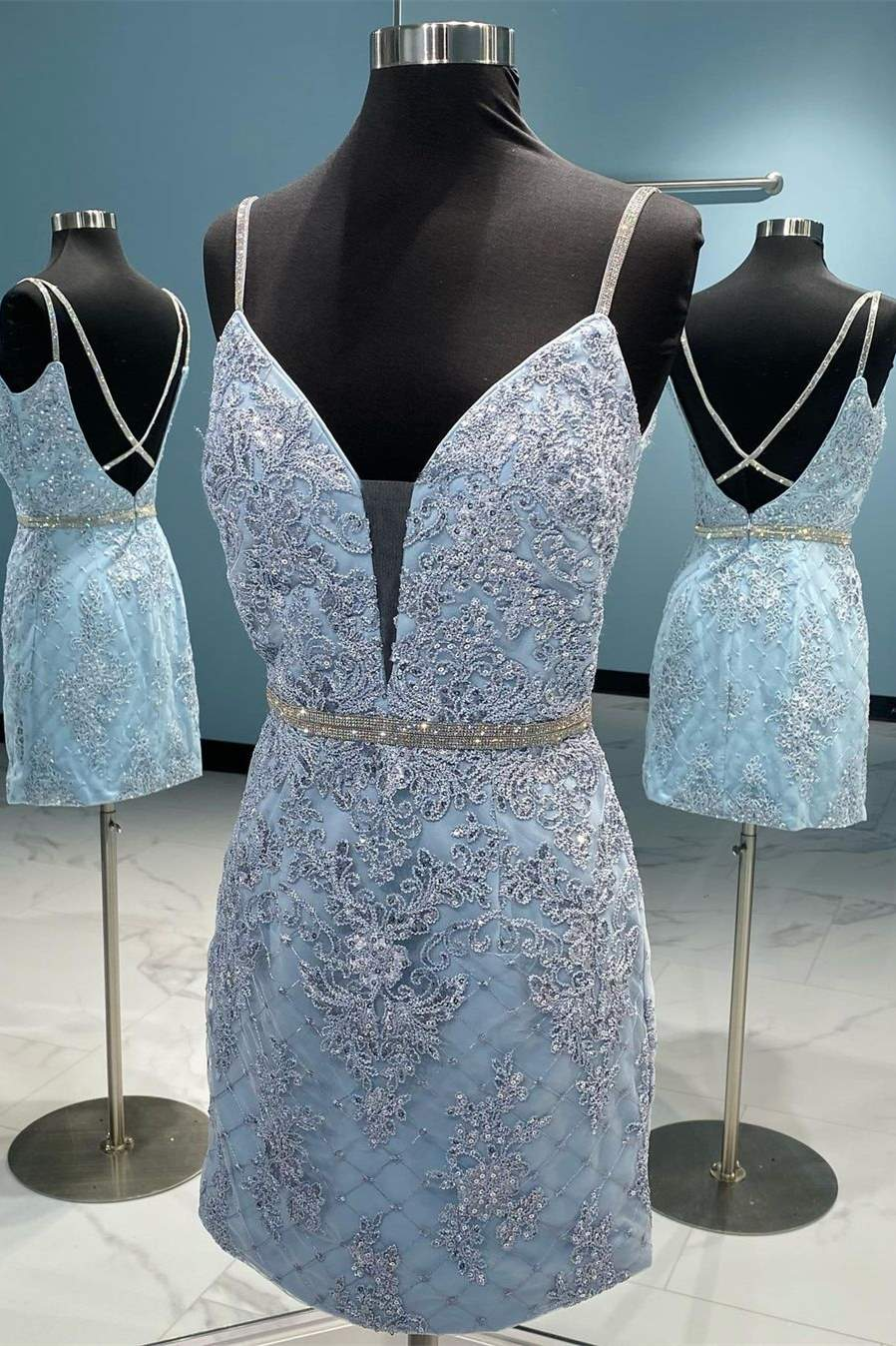 Straps Light Blue Embroidered Bodycon Party Dress gh1479