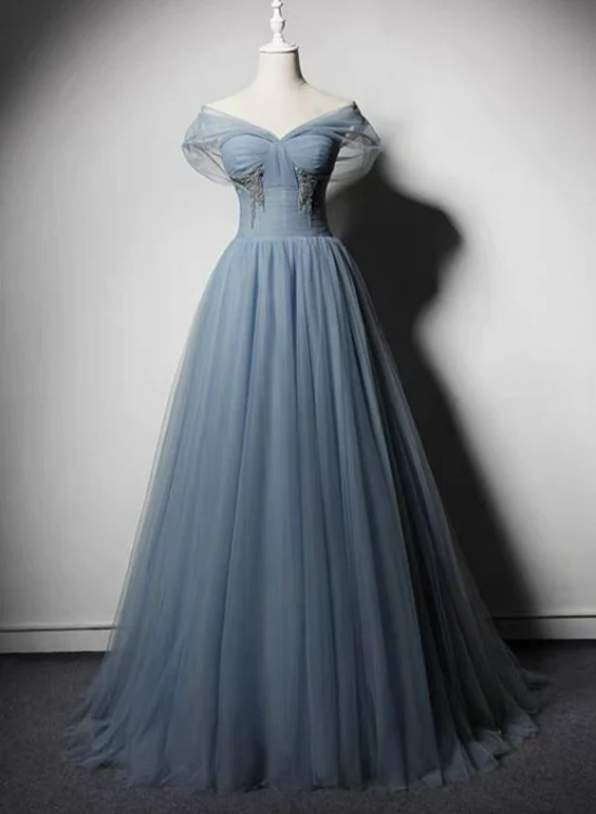 Grey-Blue Tulle Off Shoulder Beaded Long Prom Dress Party Dress, Long Evening Gowns gh16