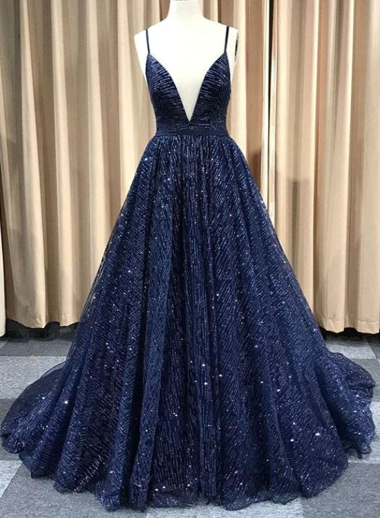 A Line V Neck Navy Blue Shiny Long Prom Dresses, Charming Blue Tulle Party Dress Evening Dress gh115
