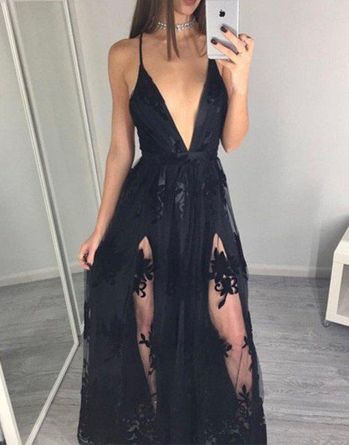Sexy Prom Dress,Black Deep V Neck Prom Dress,Lace Evening Dress,Sleeveless Evening Party Dress gh1036