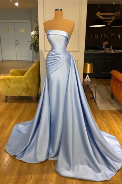 Elegant Strapless Baby Blue Mermaid Evening Dress Long With Ruffle gh1116