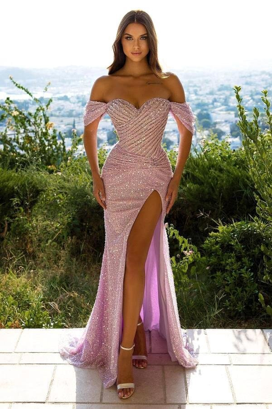 Off-the-Shoulder Sequins Mermaid Prom Dress Split gh617