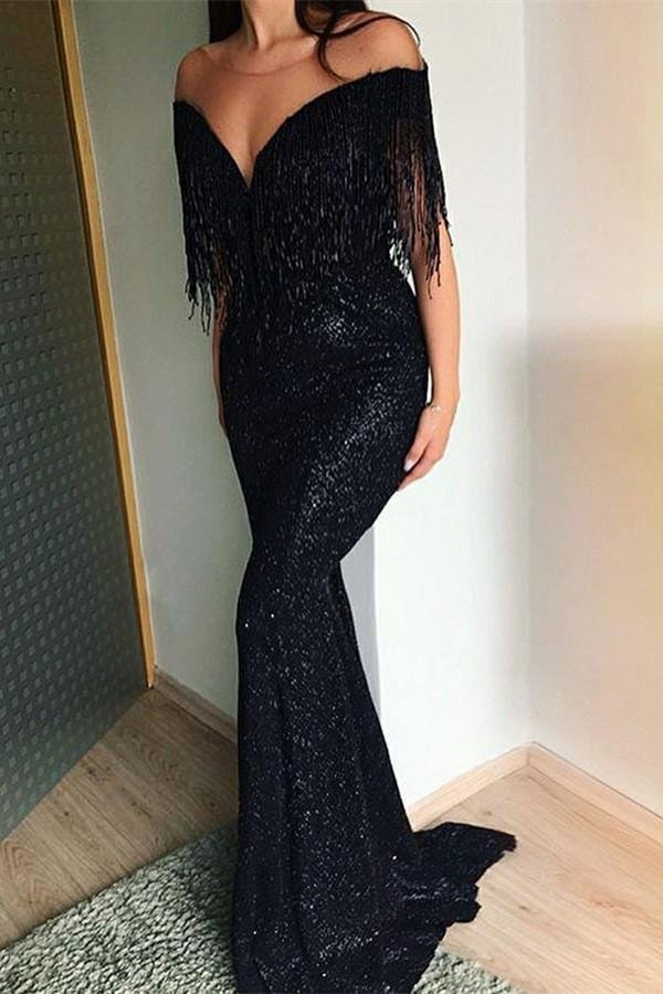 Black Sequins Tassles Mermaid Prom Dress gh705