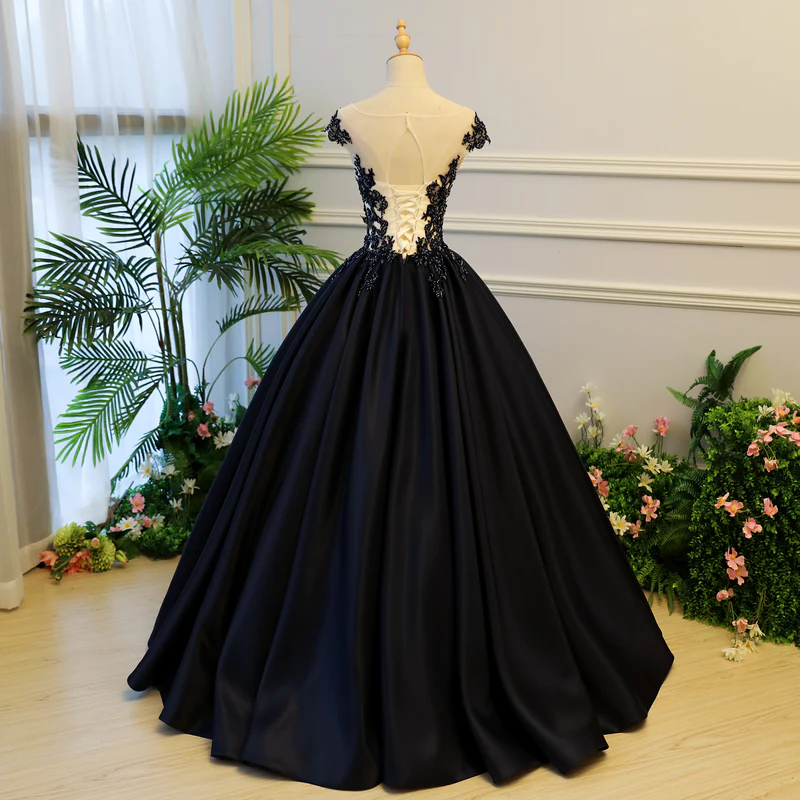 High Quality Satin With Lace Applique Round Neckline Formal Gown, Black Party Dresses Prom Dress gh107