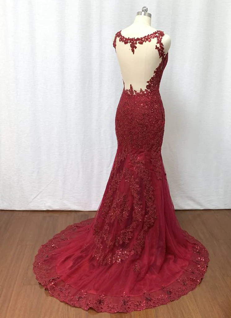 Elegant Burgundy Tulle Lace Long Mermaid Evening Dress, Beautiful Prom Dress gh440