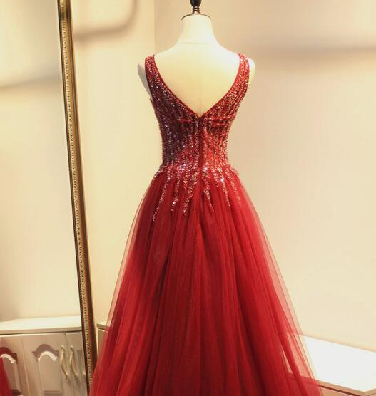 Charming V-Neckline Tulle Beaded Prom Gown, Evening Dresses gh573