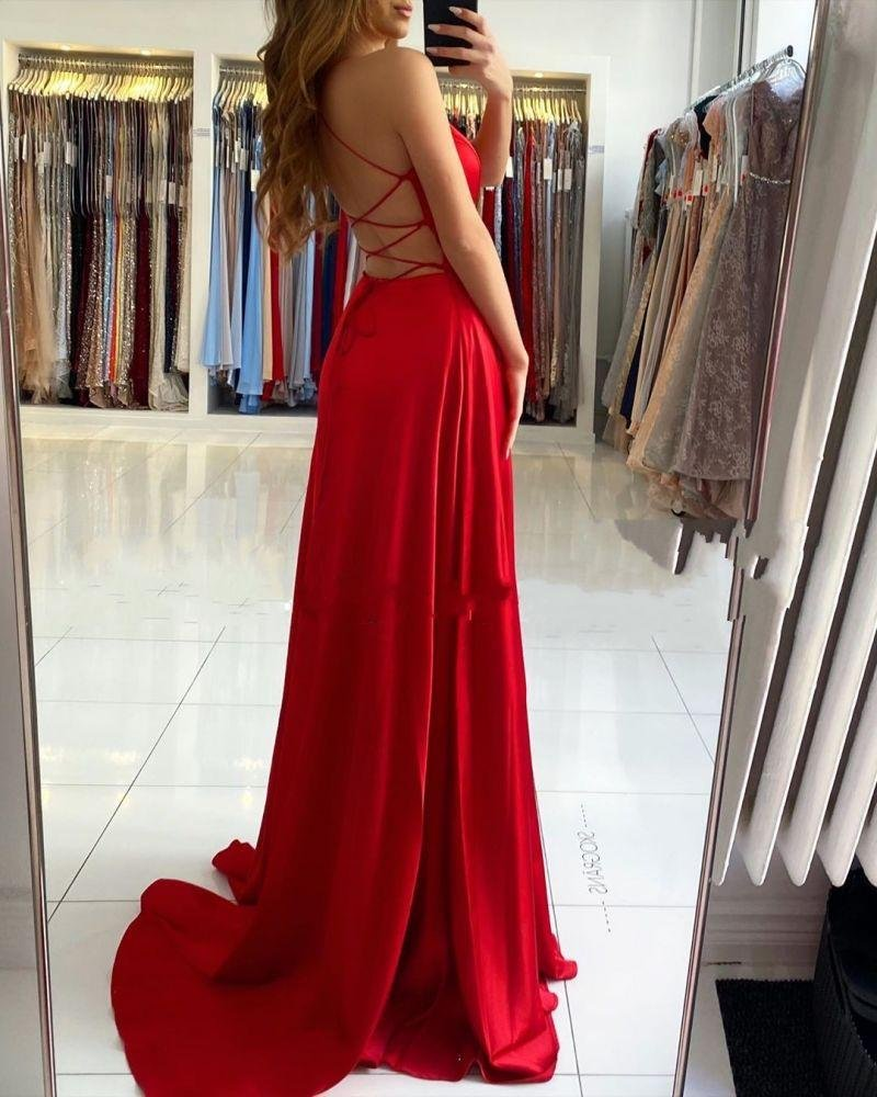 Red V-Neck Prom Dress With Split  gh701