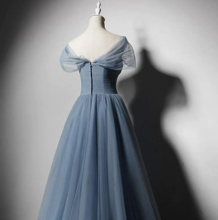 Grey-Blue Tulle Off Shoulder Beaded Long Prom Dress Party Dress, Long Evening Gowns gh16