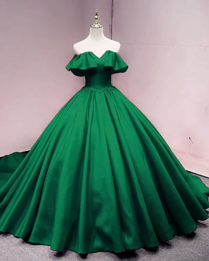 Green Satin Sweetheart Off Shoulder Ball Gown Long Sweet 16 Dress, Green Quinceanera Dress gh66