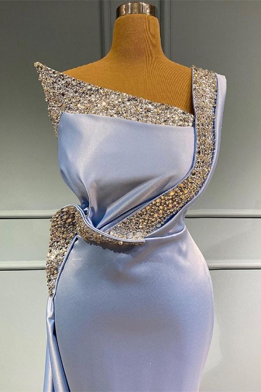 Light Blue One-Shoulder Sleeveless Long Beads Mermaid Prom Dress With Ruffles gh716