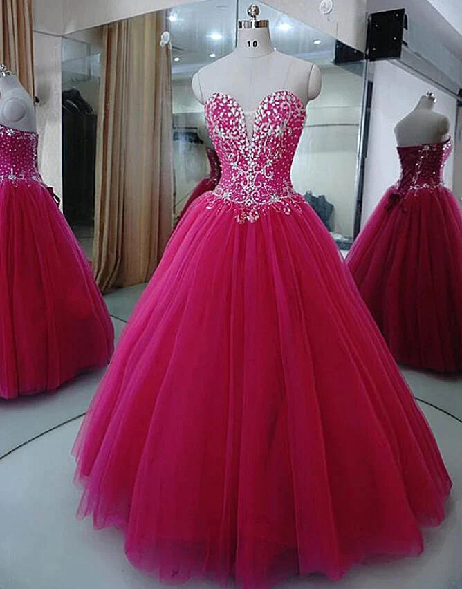Charming Beaded Fuschia Tulle Ball Gown Party Dress, Sweet 16 Dress gh364