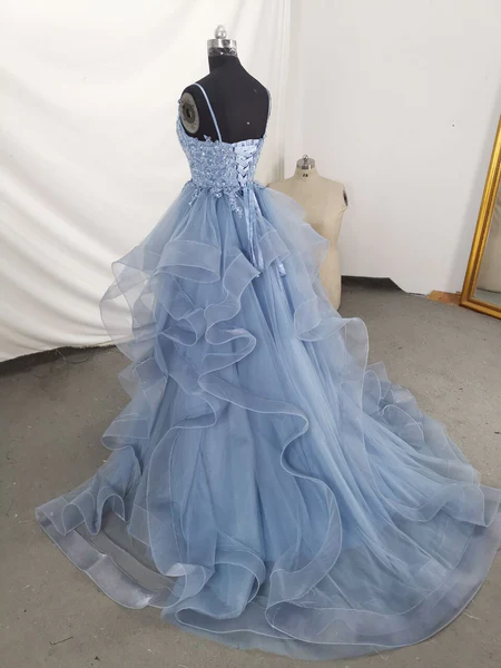 Beautiful Blue Straps Tulle Layers Long Party Dresses, Blue Evening Dresses Prom dress gh20
