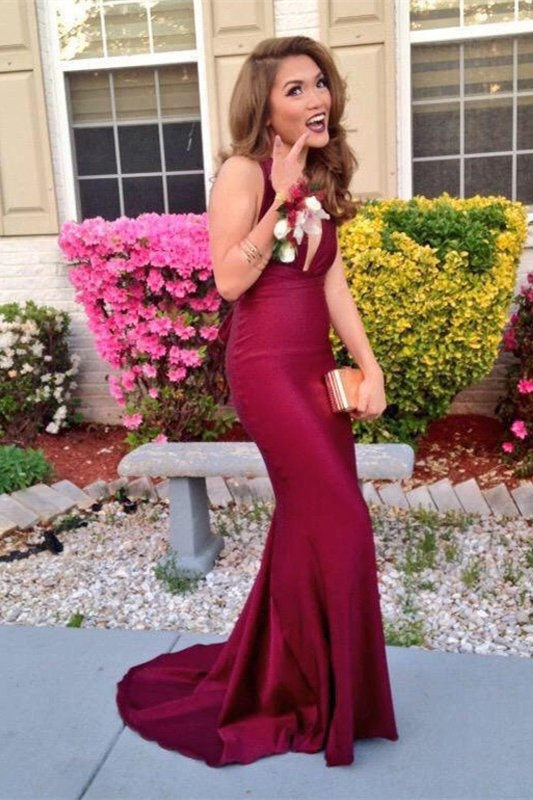 Burgundy V-Neck Sleeveless Prom Dress gh643