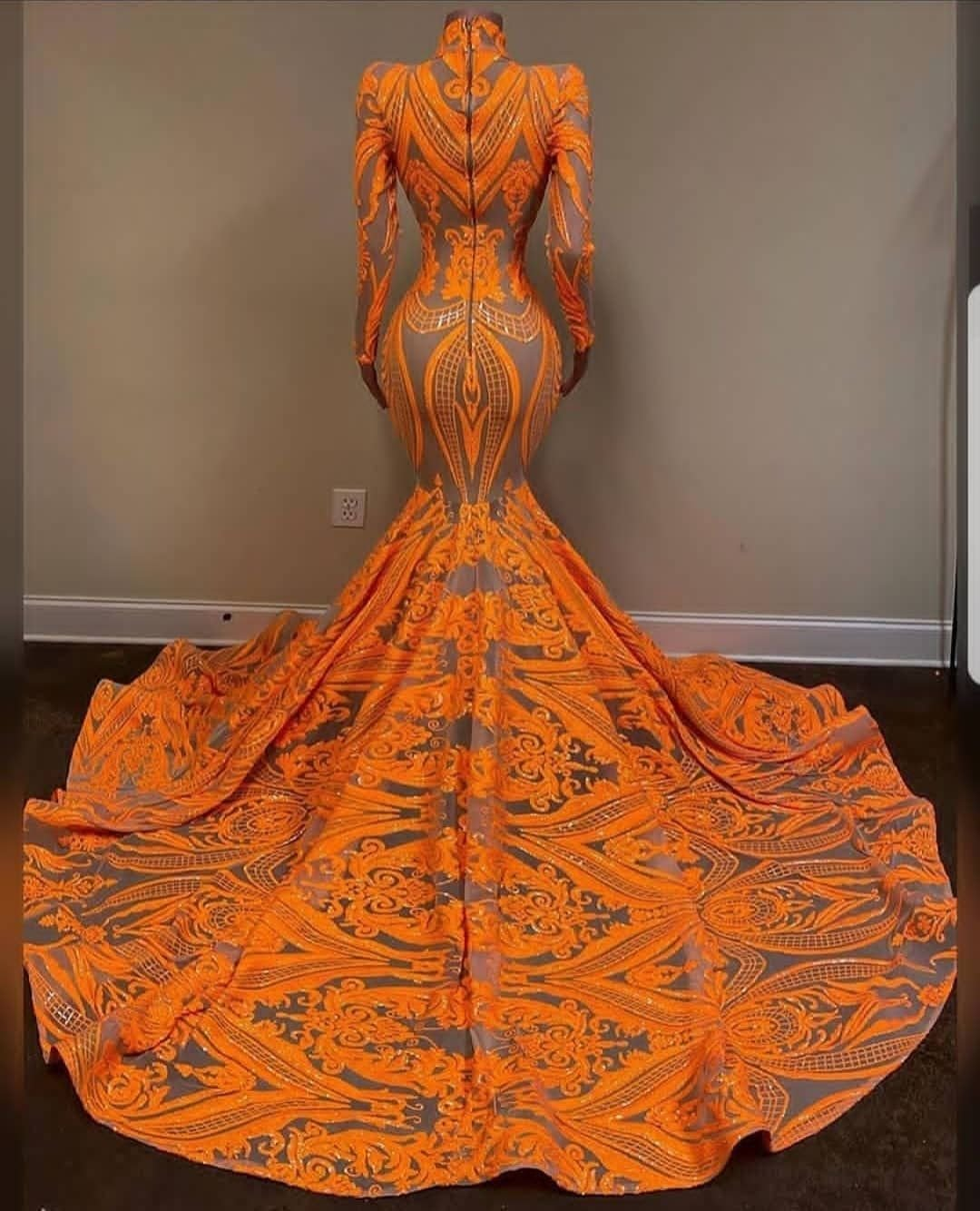 Orange Long Sleeves Mermaid Prom Dress Sequins Lace gh630