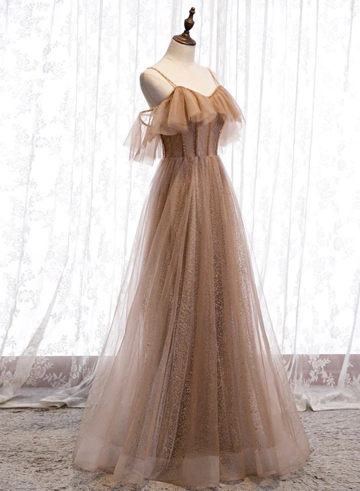 Champagne Tulle Off Shoulder Straps A-Line Prom Dress, Long Evening Dress Party Dress gh26