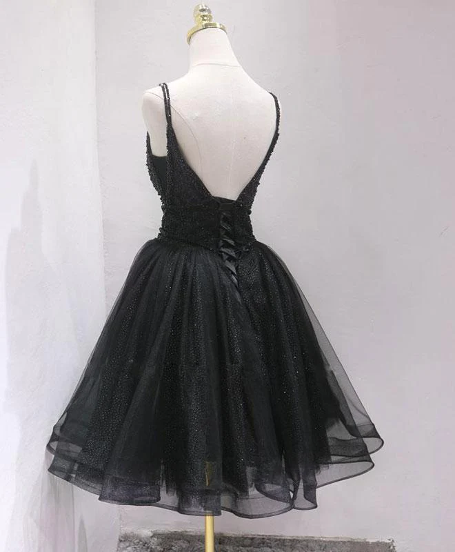 Black Tulle And Beaded Knee Length Straps Homecoming Dress, Black Short Prom Dresses gh75