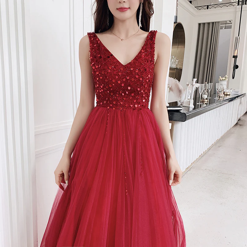 Sexy V-Neckline Wine Red Tulle Floor Length Party Dress, Red Formal Gown gh404