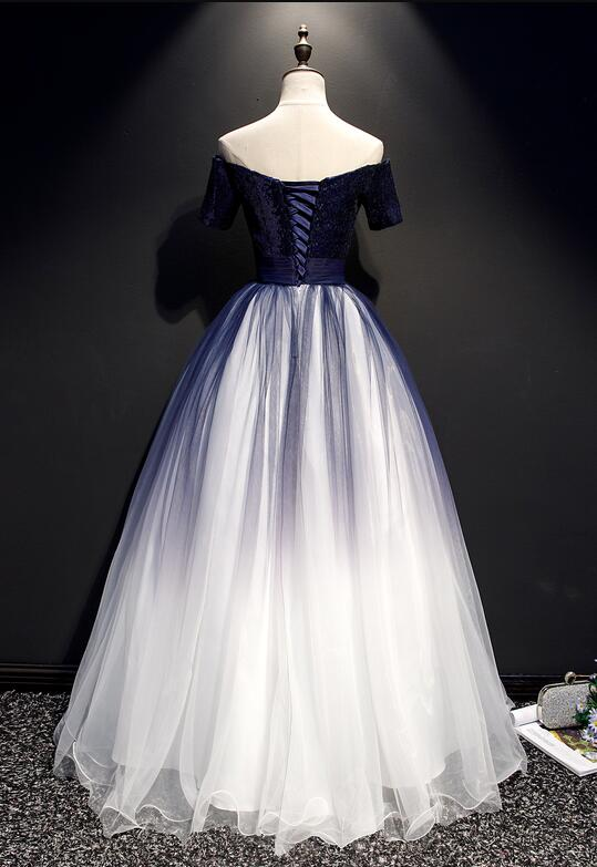Charming Navy Blue Gradient Tulle With Lace Applique Party Gown, Short Sleeves Formal Dress gh502