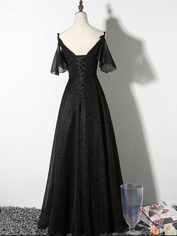 Beautiful Black Straps V-Neckline Long Party Dress, Black Formal Gown gh324