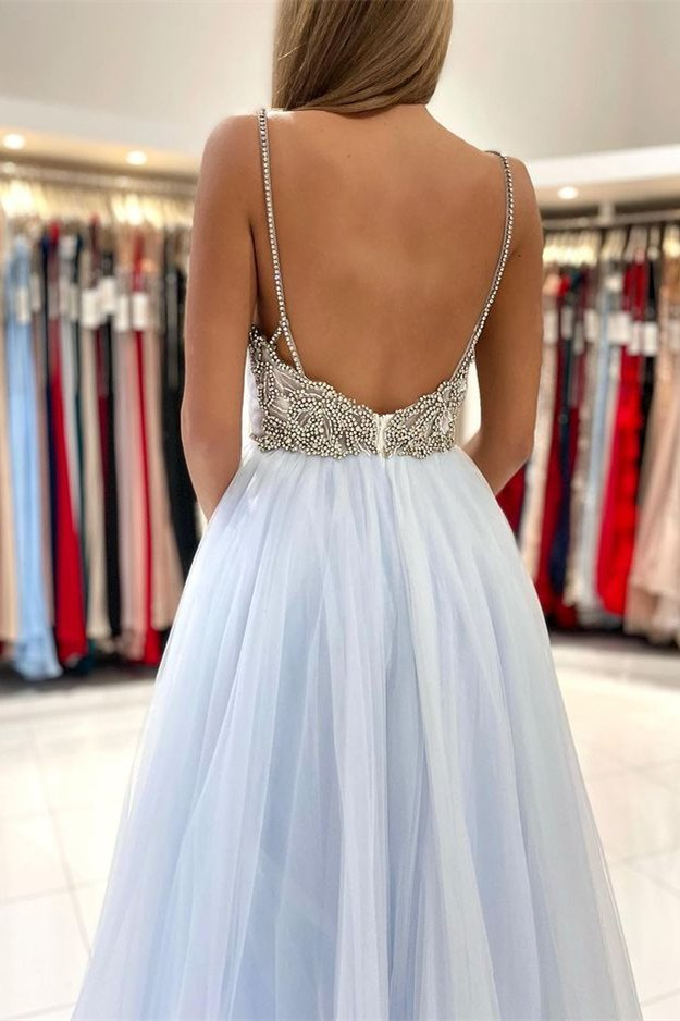 Light Sky Blue Spaghetti-Straps Tulle Long Prom Dress With Beads gh660