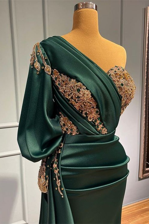 Dark Green One-Shoulder Mermaid Beads Prom Dress With Appliques gh713