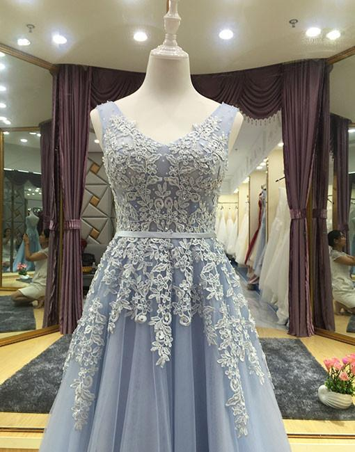 Light Blue V-Neckline Long Prom Dress, Blue Junior Prom Dress gh464