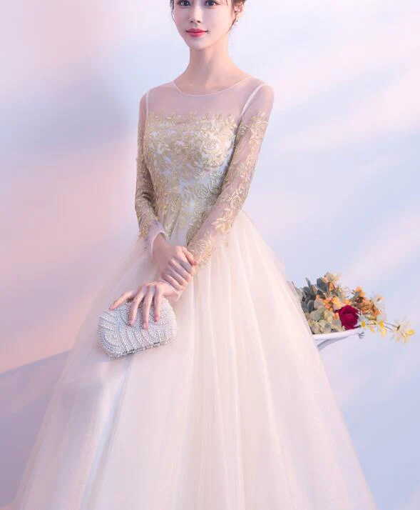 Beautiful Light Champagne Long Sleeves With Gold Applique, Charming Formal Gowns gh588