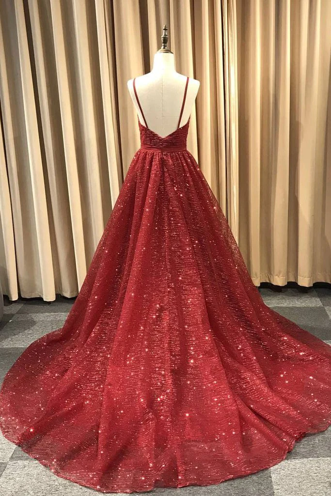 A Line V Neck Navy Blue Shiny Long Prom Dresses, Charming Blue Tulle Party Dress Evening Dress gh115