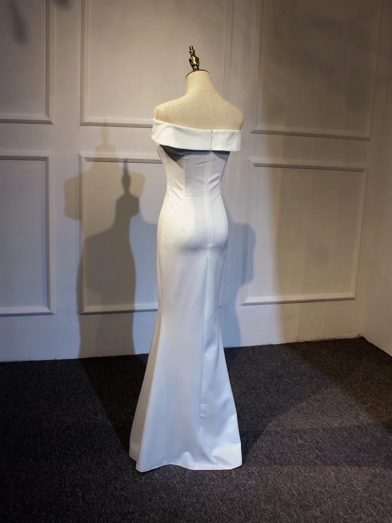 Elegant White Off Shoulder Slit Mermaid Party Dress, White Party Gown gh407
