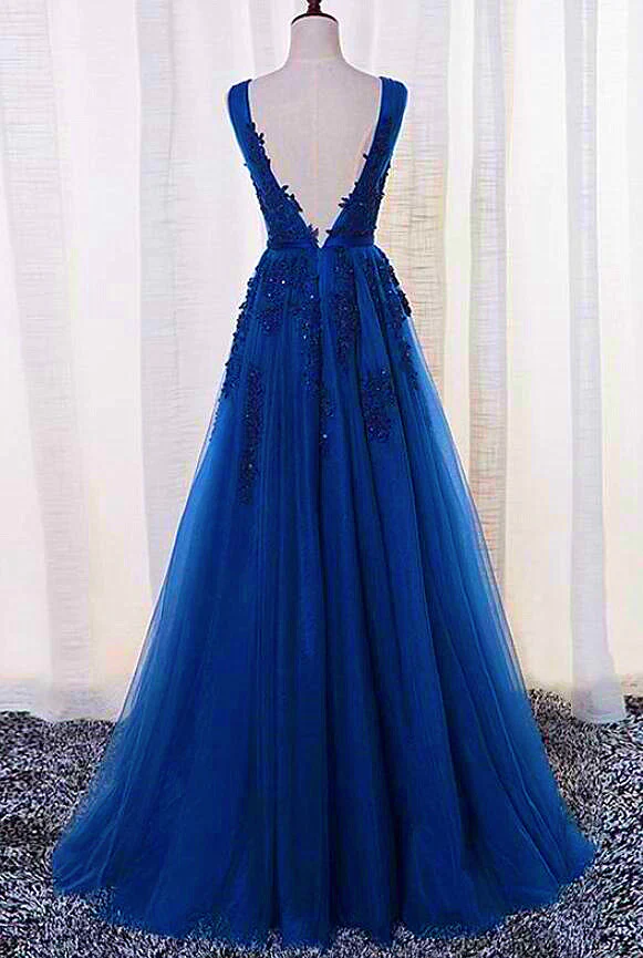 Elegant Blue Lace Applique Long Party Dress, Blue Prom Dress gh381