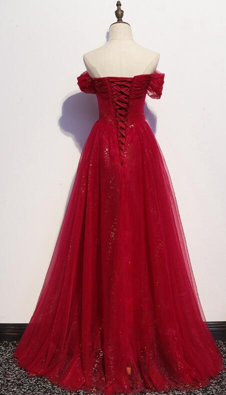 Beautiful Dark Red A-Line Off Shoulder Prom Gown, Wine Red Party Dress gh402