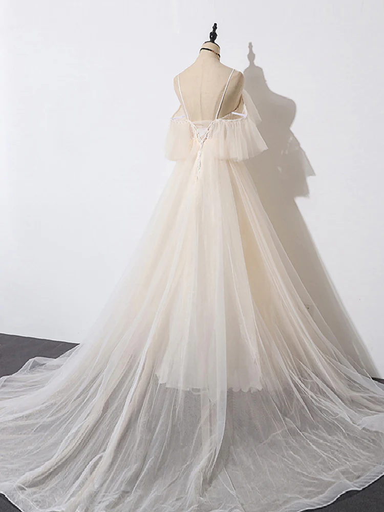 Beautiful Champagne Tulle Long A-Line Party Dress, Evening Gown gh474