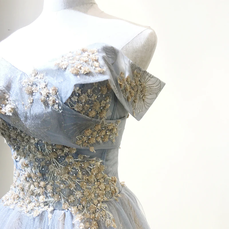 Charming Grey-Blue Tulle Floor Length Party Dress Beautiful Formal Gown gh456