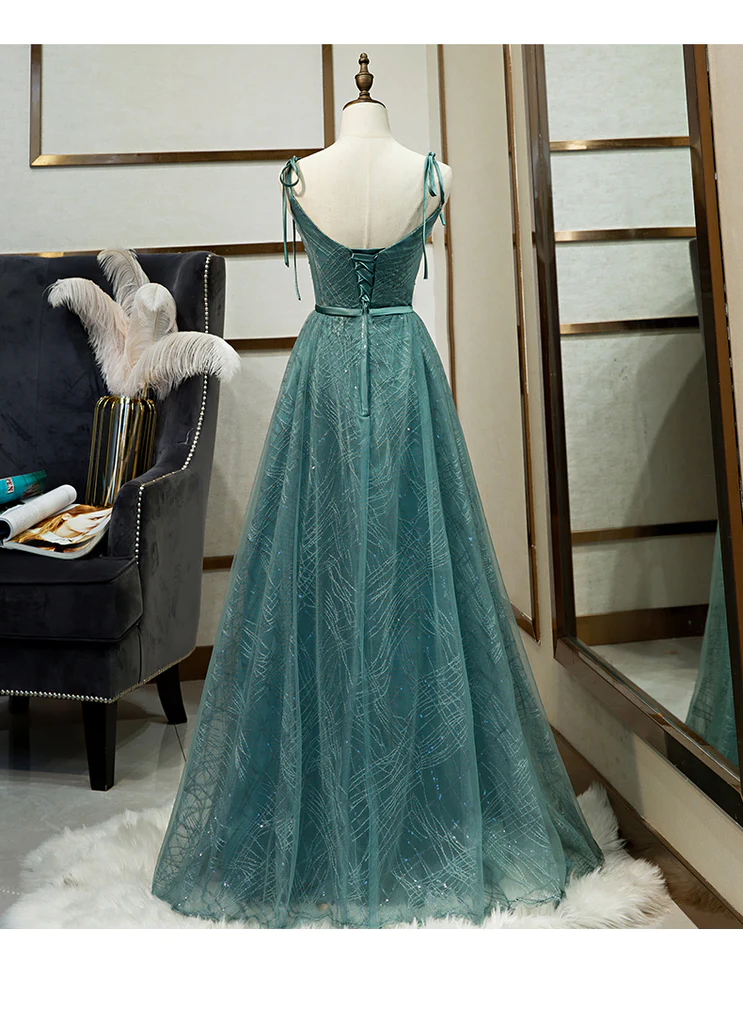 Green Tulle Long Prom Dress, New V-Neckline Straps Long Party Dress gh286