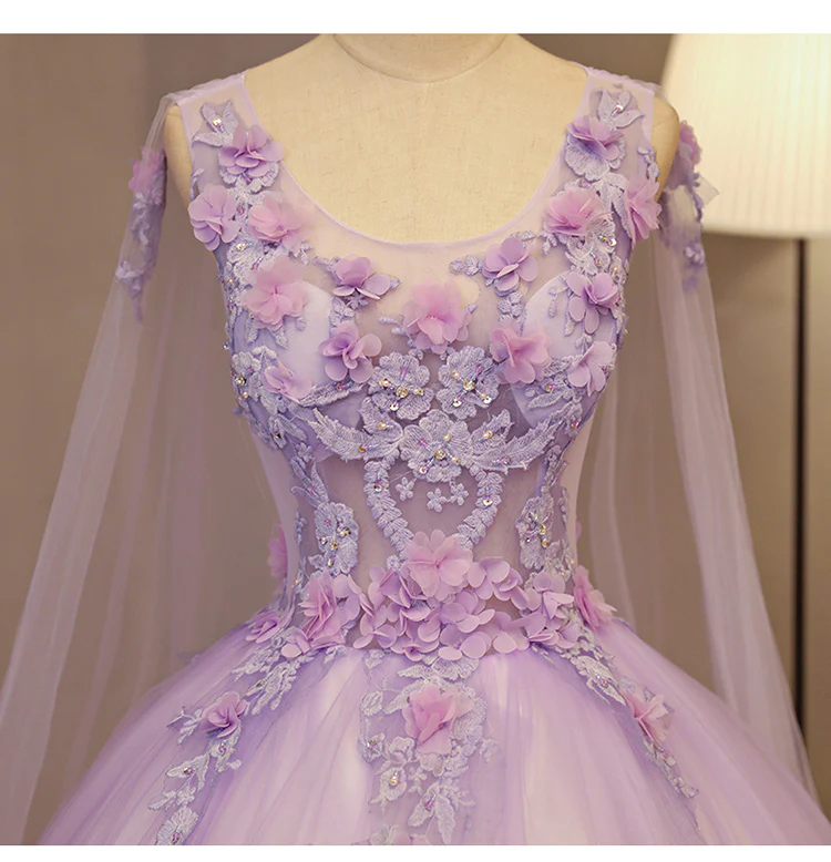 Charming Lavender Tulle Flowers Long Prom Dress, Sweet 16 Gowns gh380