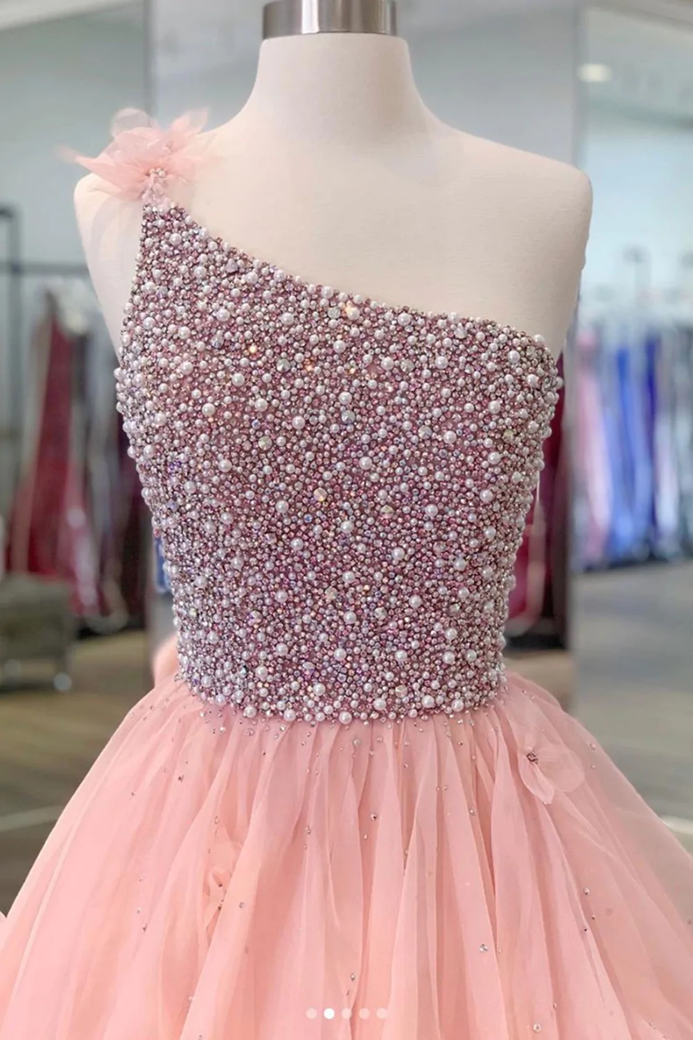 Gorgeous One Shoulder Beaded Pink Long Prom Dresses, Fluffy Pink Formal Evening Dresses, Beaded Ball Gown gh920