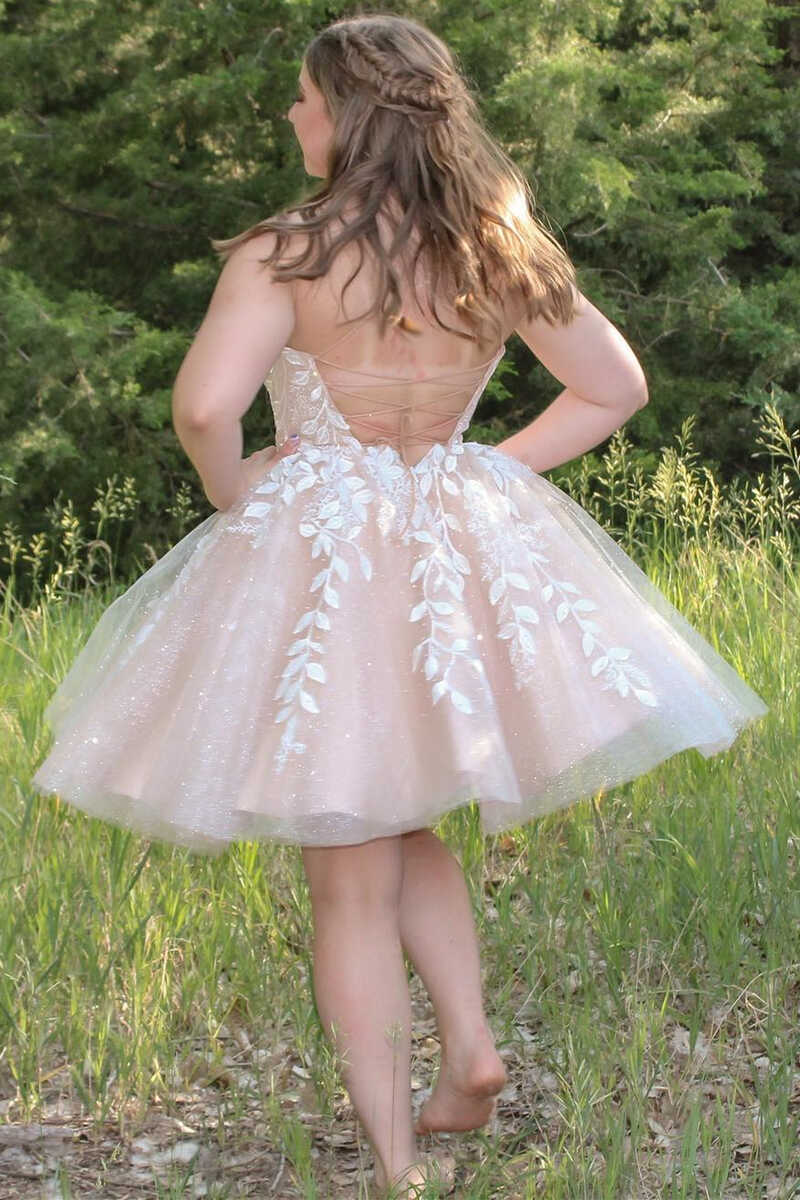 A-Line Ivory Appliques Lace-Up Short Homecoming Gown gh1286