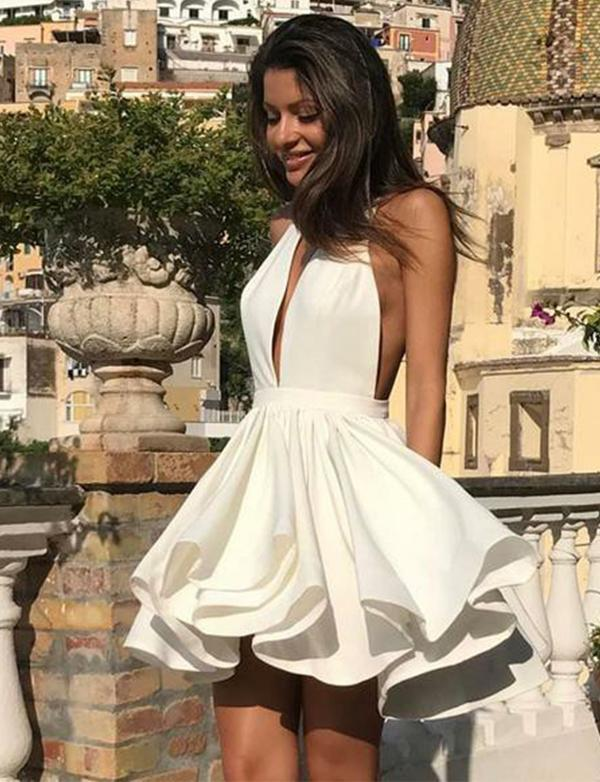 Deep V Neck White Short Homecoming Dresses Party Dresses gh1685